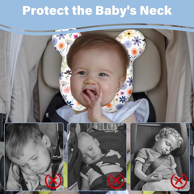Baby Neck Pillows - Upgraded Toddler Travel Cushion for Toddler Head and Neck, Infant Neck Pillow for Car Plane Stroller Pushchair - Flower C