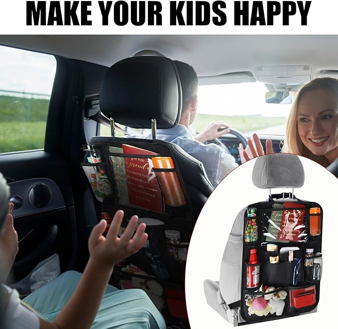 2 Pcs Backseat Car Organizers with Table Tray, 6 Storage Pockets Car Organizer with Tablet Holder, Kick Mats Protectors for Kids Travel Accessories Black, Unisex(Stylish,Black)