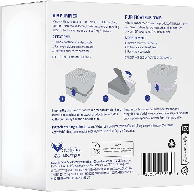 ATTITUDE Odor Eliminator with Activated Carbon, Plant-Based Air Purifier, Vegan, Lavender & Eucalyptus Scent, 8 Ounces