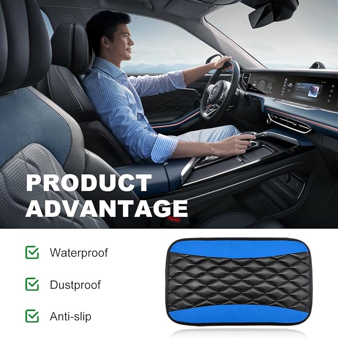 Car Center Console Cushion Pad, 12.6 × 7.48 Inches Waterproof Car Armrest Seat Box Cover, PU Leather Armrest Cover Protector for Most Vehicle, Universal Car Interior Accessories (Black+Blue)