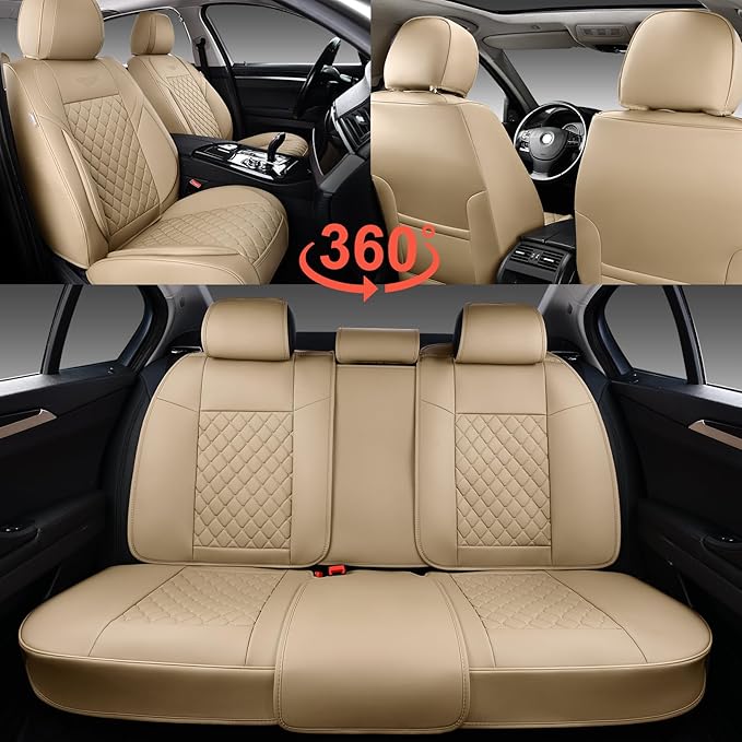 Auto Car Seat Covers Full Set Leather Cushion Protector Breathable Waterproof Seat Cover for Cars Universal Fit (Beige, Full Set Without Headrest)