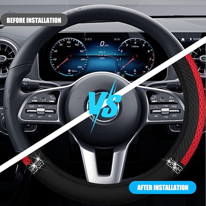 Bling Car Steering Wheel Cover, 15 Inch Elastic Stretch Crystal Rhinestone Vehicle Steering Wheel Protector, Anti-Slip Auto Interior Protective Cover, Universal for SUV RV Truck (Red)