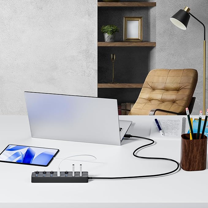 ONFINIO USB Hub 3.0, 7-Port USB Hub Splitter with Individual On/Off Switches and Lights, 3.2ft/1m Long Cable Compatible with MacBook, Laptop, Surface Pro, PS4, PC, Flash Drive, Mobile HDD-Gray