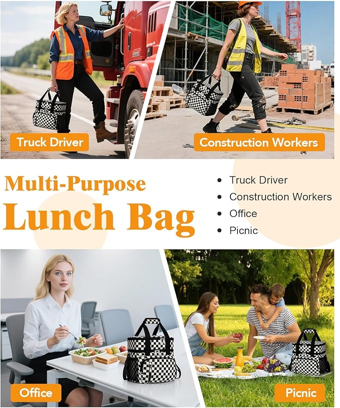 Insulated Lunch Bag for Women, Double Leakproof Lunch Box Soft Cooler Tote with 5 Pockets, 600D Oxford, EVA Lining, Adjustable Strap for Work, Picnic, Beach&Travel- Corduroy Black Checkered
