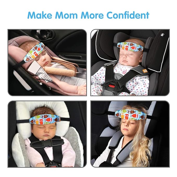 Baby Carseat Head Support,Car seat Straps Pillow Support Ban,Stroller Neck Relief Strap Headrest,Slumber Sling Sleep Positioner for Toddler Infants Child Children Kids(Blue Elephant + Owl)