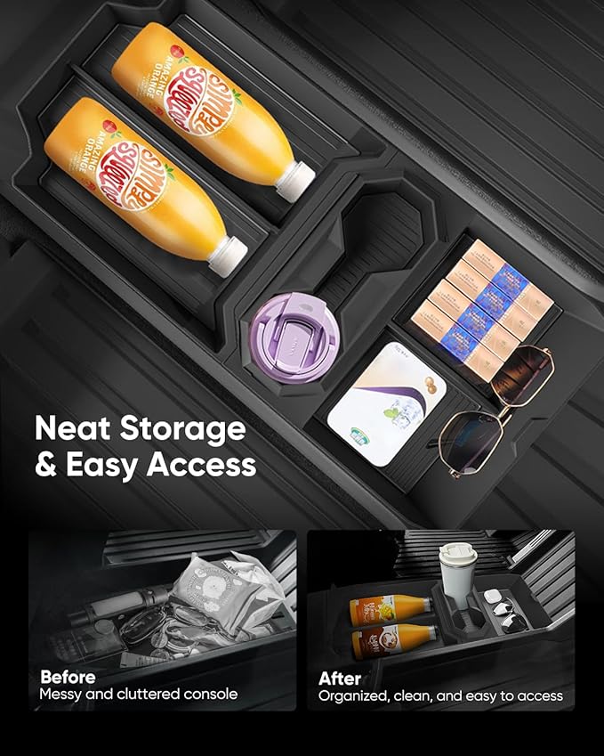 Tesla Cybertruck Floor Lower Tray - Custom Fit Storage Tray with Cup Holders, Anti-Slip, Waterproof TPE, Multi-Compartment Organizer for 2024+ Cybertruck, Center Console Compatible