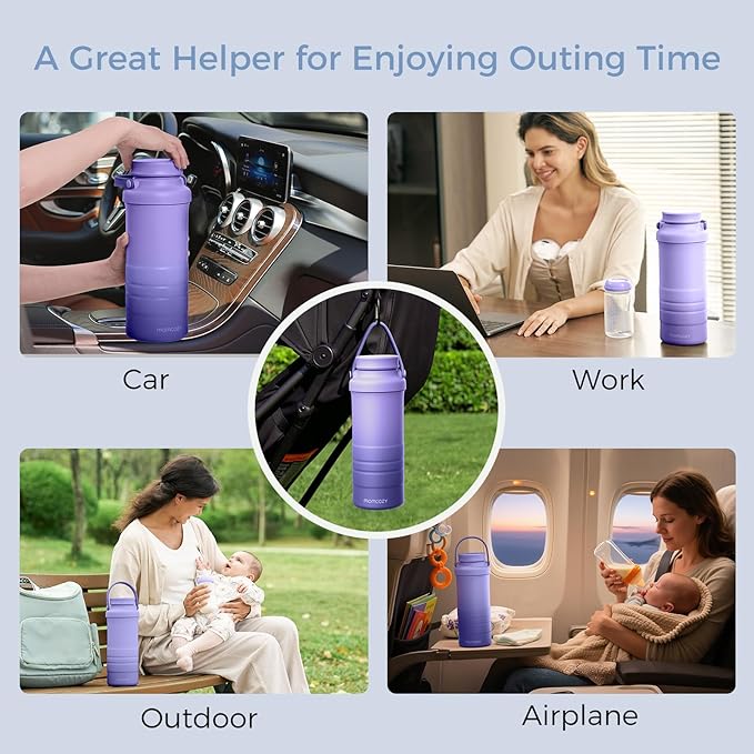 Momcozy 22oz Portable Breast Milk Cooler for Outdoor, Life Saver with 360° Total Cooling for 24 Hours, Larger Capacity Travel Breastmilk Chiller with 2pcs Baby Bottles for Breastmilk Storage, Purple