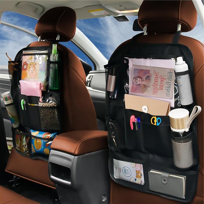 Osilly Car Seat Back Organizer, 2 Pack Backseat Storage Bag with Touch Screen Tablet Holder & 9 Pockets, Durable Waterproof Oxford Fabric, Travel Accessories, Road Trip Essentials for Kids