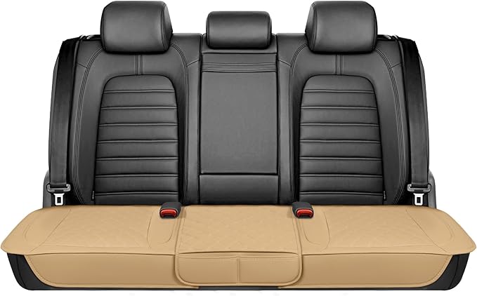 Motor Trend Rear Seat Cushion - Beige Diamond Stitched Faux Leather Rear Seat Cover for Cars, Trucks, SUVs - Padded, Waterproof, Non-Slip Back Seat Cover with Storage Pockets