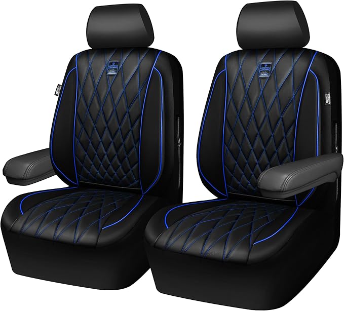 CAR PASS Piping Luxury PU Leather Two Front Car Seat Covers,Waterproof Anti- Slip Seat Covers Compatible with Front Seat Armrests,Universal Fit for Suvs,Vans,Trucks,Airbag Compatible(Black and Blue)