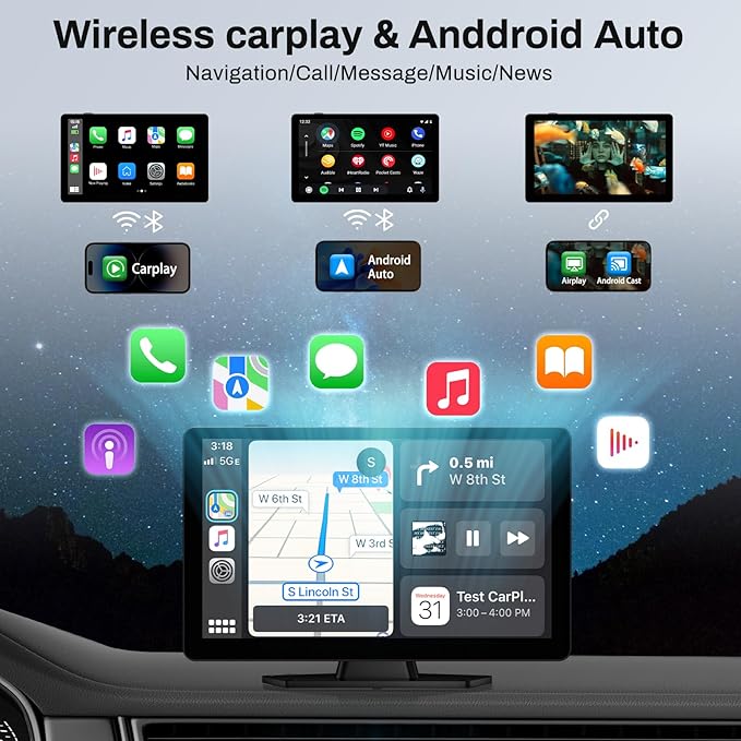 BOXGVO Wireless Carplay Screen for Car with 4K Dash Cam, 9" Portable Carplay & Android Auto, Car Touchscreen with 1080p Backup Camera, GPS/Voice Control/FM//Mirror Link/Bluetooth