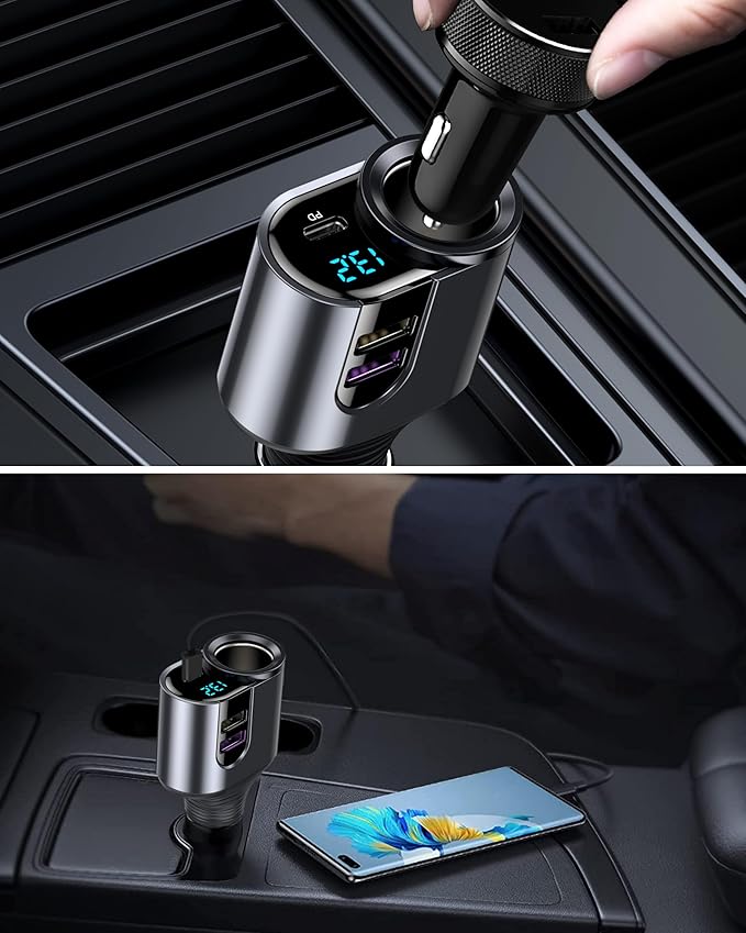 LIHAN USB C Car Charger, 12V/24V Cigarette Lighter Socket Splitter with 3 USB Ports, PD 30W Fast Charging, Compatible with iPhone, Galaxy, iPad, GPS, and More