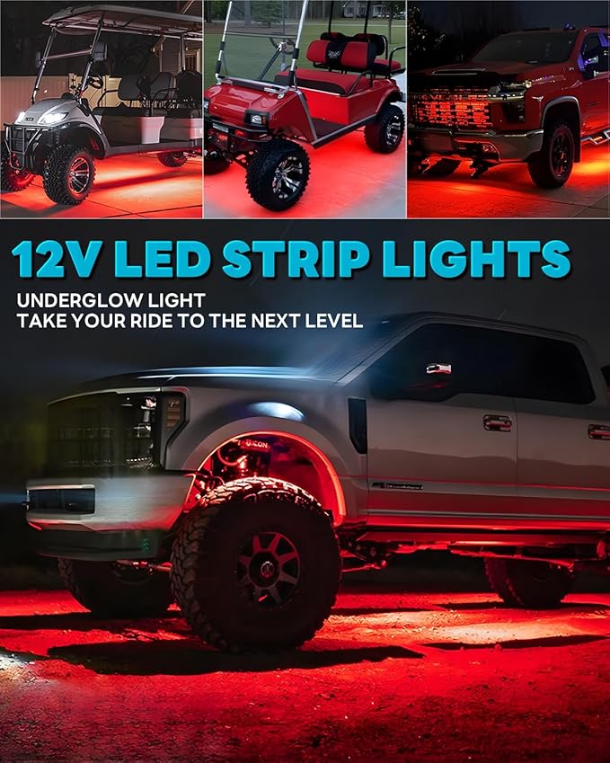 12V Led Light Strip Connectable 24Inch Red Led Strip Lights for Car Golf Cart Motorcycle Boat Cabinet Waterproof Led Light Strip,4Pack