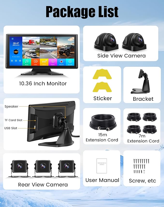 10.36" Wired Backup Camera System for Truck RV Trailer, 5 Channel Dash Cam with 5 1080P Cameras, Touch Screen Monitor, No Delay Signal, DVR Loop Recording, Smart BSD Alerts, IP69 Waterproof, 64GB