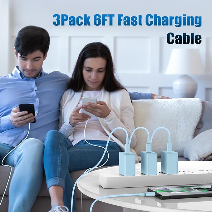 3Pack USB C Charger for Samsung Galaxy S24 Ultra, Super Quite Fast Charging Type C Block with 6FT C to C Cord for Samsung Galaxy Tab S9 S8 S23 Ultra S22 Ultra S23 S22 S21 Note 10 Plus 20,Blue