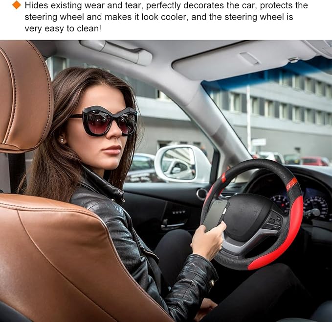 Car Steering Wheel Cover, Non-Slip Leather Auto Steering Wheel Protector, Comfortable Steering Wheel Cover Protector for Most Cars, Universal Interior Car Accessories (Red)