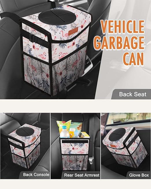 Pritent Car Trash Can with Lid, Cute Leakproof Car Trash Garbage Bag Hanging Vehicle Trash Bin Small Portable Automotive Garbage Cans Organizer for Back/Front Seat(Trapezoid,Flamingo Print