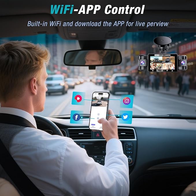 4 Channel 2.5K Dash Cam Front Rear Left Right, 170° Wide Angle Car Dash Camera with 5GHz WiFi & App Control, G-Sensor, Super Night Vision, 24H Parking Monitor, Loop Recording, 64GB SD Card Included