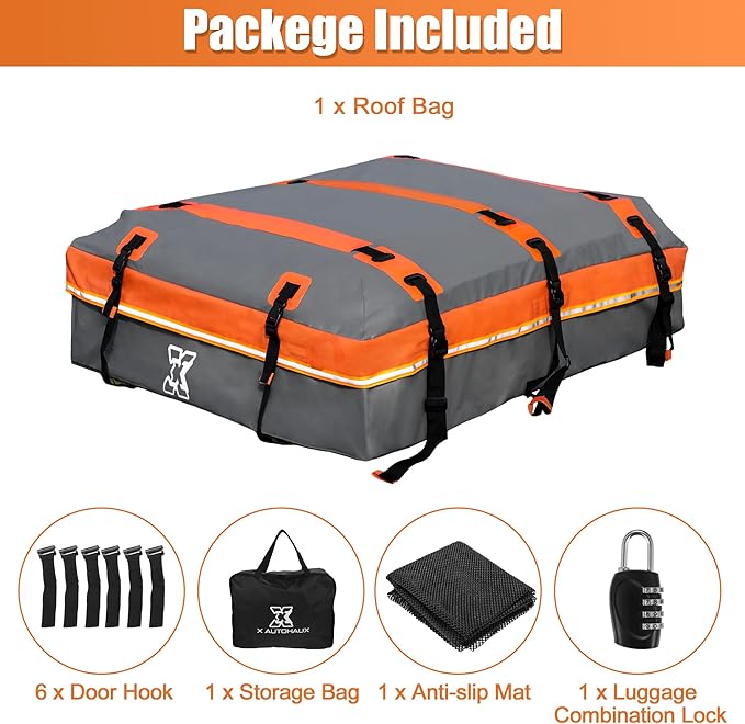 X AUTOHAUX 1000D PVC Waterproof Car Roof Bag Rooftop Cargo Carrier Bag Luggage Carriers for Cars with or without Rack Anti-Slip Mat 6 Door Hooks Set Gray - 20 Cubic Feet