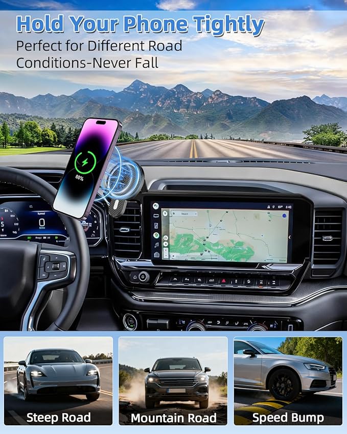 PZK Car Phone Mount for 2022-2025 2026 Chevrolet Silverado 1500/GMC Sierra 1500 LT/RST/ZR2/LTZ/LT Trail Boss Accessories 13.4-Inch Screen Chevy Car Phone Holder Magnetic 15W Fast Wireless Charger