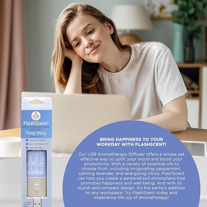 Belle Aroma® FlashScent™ USB Aromatherapy Bundle - for Car, Office, Home, and Travel - Includes 1 Serenity Blue Ylang Ylang Oil Diffuser Kit, 1 Lavender FlashScent Essential Oil, and 7 Refill Pads