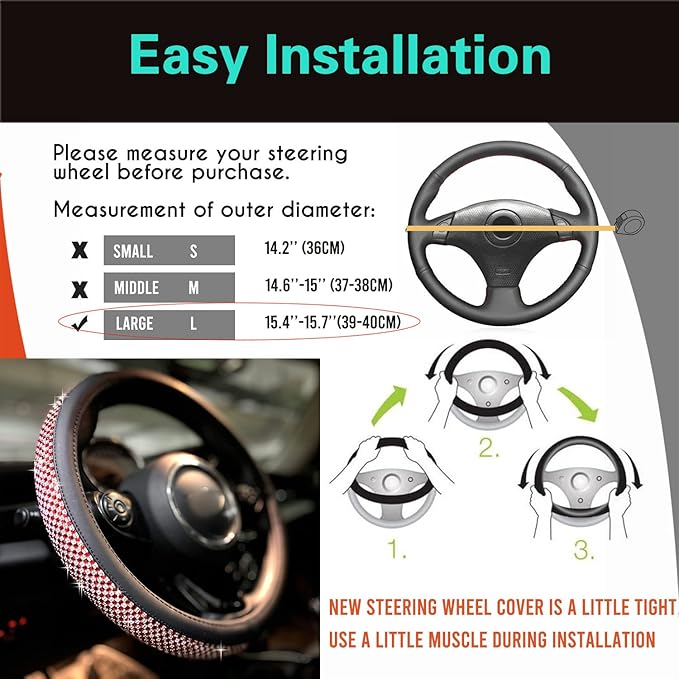 PINCTROT Large Size Bling Comfy Steering Wheel Cover with Jumbo Crystal Rhinestones, Anti-Slip Diamond Leather, 15.5-15.75 Inch (Red)