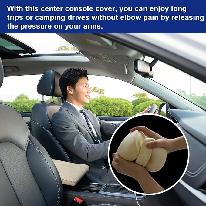 Ziciner Car Center Console Cover, Leather Memory Foam Armrest Cushion Protection Pad, Waterproof Hand Rest Pillow with Height Increase, Universal Accessory for Most Car (Beige #Angel)