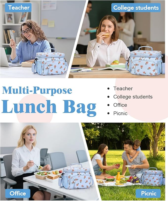 Insulated Lunch Bag for Men & Women, 9L Leakproof Lunch Box Soft Cooler Tote with 5 Pockets, 600D Oxford, EVA Lining, Adjustable Strap for Work, Picnic, Beach&Travel-Corduroy Pink Flower