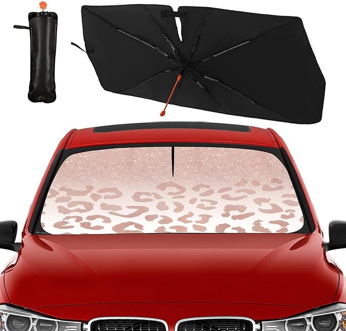 Socira Rose Gold Leopard Car Windshield Sunshade Umbrella Foldable Umbrella Cute Sun Shade Windshield Cover Sunshade Leopard Print Car Accessories Keeps Cool (57" X 30")