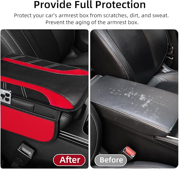 NBTEPEM Red Center Console Cover, Sporty Leather Armrest Cover Cushion with 2 Storage Pockets, Universal Auto Middle Console Protector, Car Interior Accessories for Most SUV, Truck, Sedan Vehicles