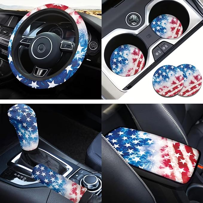 America Flag Print Car Steering Wheel Cover Independence Day Car Accessories Handbrake Cover Cup Coaster Auto Interiors Decor for Men Women 6pcs