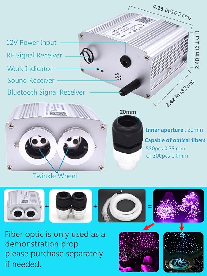 Twinkle 16W Dual Port Bluetooth APP Control Music Sync Fiber Optic Light Source RGBW Light Box Engine Diver for Car Starlight Headliner Home Indoor Star Ceiling Decoration