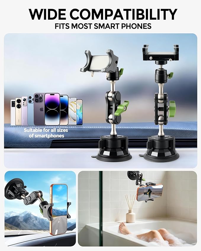 Heavy Duty Truck Phone Mount, Aluminum 360° Rotating Anti-shake Suction Cup Phone Mount, 14.5" Long Arm Metal Windshield Phone Holder for Car Truck Semi, Fits Thick Cases F-150 Silverado RAM Kenworth