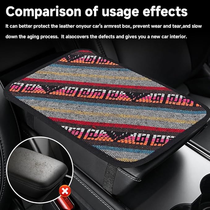 Bohemian Universal Armrest Cover Pad, Car Center Console Cushion, Boho Ethnic Style Auto Armrest Decorative Pad with Elastic Straps, Car Arm Rest Cover Protector for Vehicles (Armrest Cover-C)