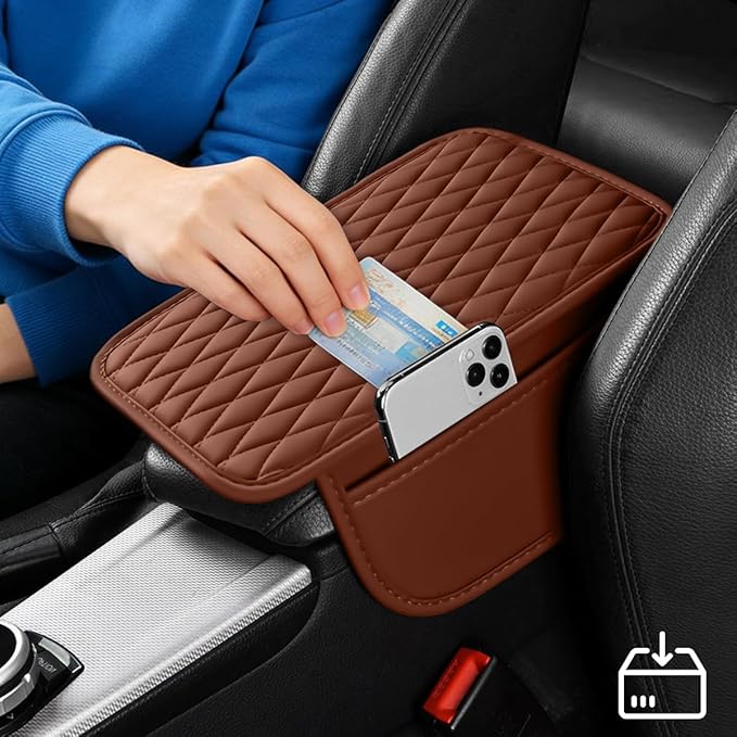 Car Armrest Cushion Pad, Leather Vehicle Center Console Cover with 2 Storage Bags, Non-Slip Automotive Interior Arm Rest Seat Box Cover Accessories, Universal for SUV RV Sedan (Brown)