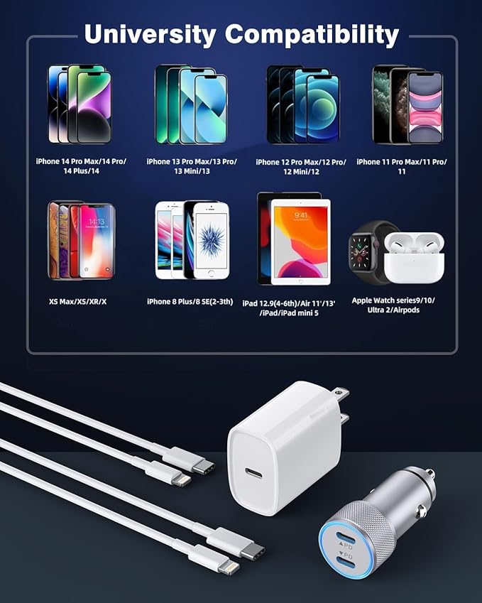 iPhone Car Charger,Dual Port USB C Fast Car Chargers,40W Type C i Phone Charger for Cars Quick Charging+2pack 3.3ft Lightning Cable + 20W USBC PD Plug Fast Charging for iPhone 14/13/12/11 Pro Max/iPad