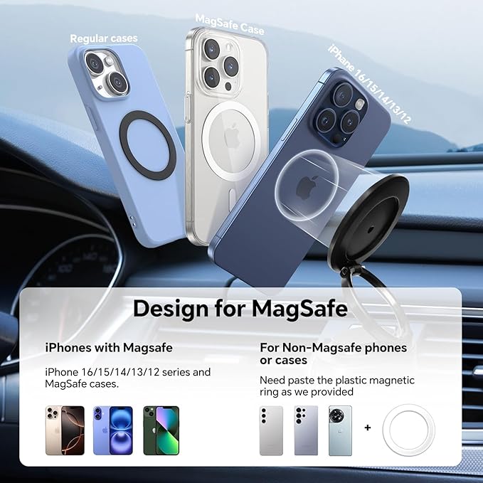 Magnetic Phone Holder for MagSafe, 360° Adjustable Car Phone Mount with 96+LBS Strongest Suction & 2800gf Strongest Magnetic for Dashboard/Gym/Mirror, Compatible with iPhone & Android