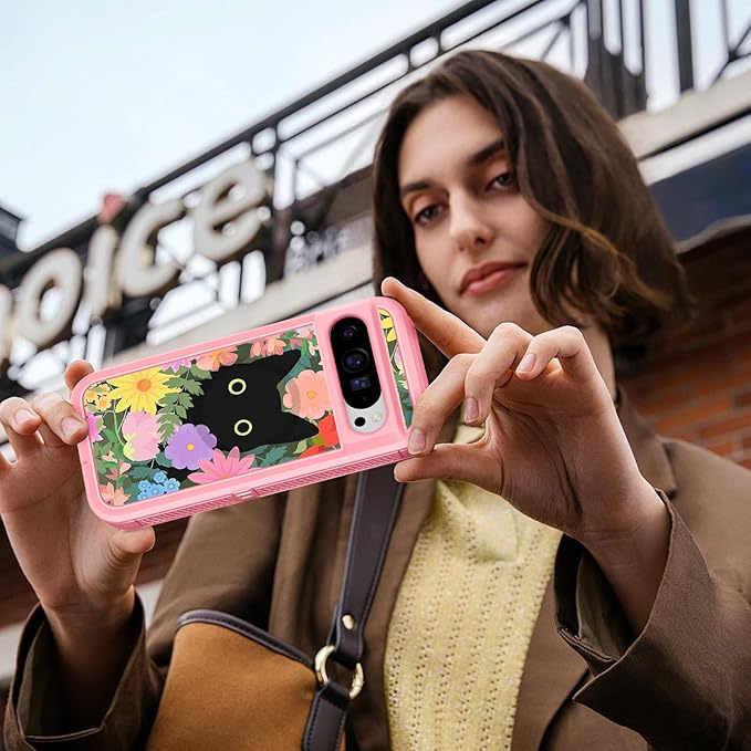 for Google Pixel 9 Case/Pixel 9 Pro Case - Compatible with MagSafe Women Girls Cute Magnetic Protective Cover Girly Cat Flower Floral Design Heavy Duty Shockproof for Pixel 9/9 Pro Phone Case