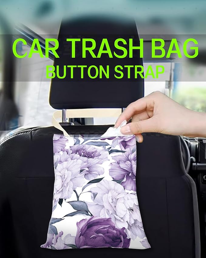 Car Garbage Can, Hanging Car Trash Can Bag for Cute Car Back Seat Organizer, Cute Purple Flowers