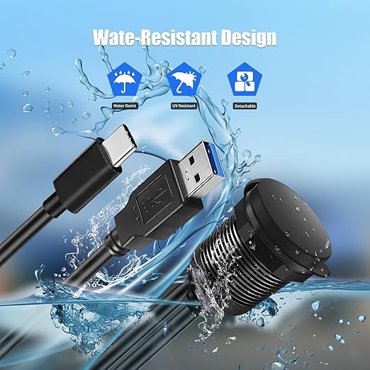 Dual Port USB A/C 3.0 Male to USB A/C 3.0 Female Extension Cable,Flush Mount Waterproof Panel Cable for Car,Truck,Boat,Motorcycle Dashboard 3.3ft