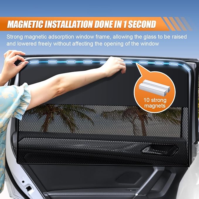 Car Front & Rear Side Window Sunshade, Magnetic Automotive Windshield Privacy Curtain with Half Shade, Mesh Sun Protection Cover Blocks Heat, Glare, UV Rays for Driver Passenger (4PCS)