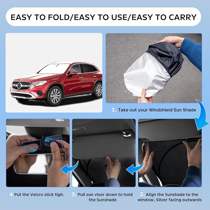 Sun Shade Sunshade for Mercedes Benz GLC 260 GLC 300 GLK-Class 2023-2025 2026 Windshield Cover, 4-Layers Sun Shield 250T Silver Coating Sun Visor Foldable Window Shade Blocks UV Rays Car Accessories