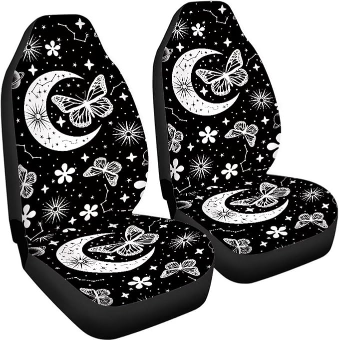 BIGCARJOB Moon Butterfly Car Seat Cover Set for Front Seat Only,2 Pack Black Butterfly Auto Front Seat Protector Saddle Blanket for Women Car Interior Accessories