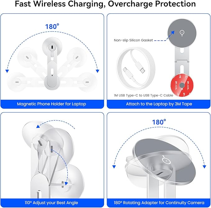 Laptop Phone Holder, Magnetic Phone Stand 15W Fast Wireless Charger for MagSafe for iPhone 17/16/15/14/13/12 & All Phones for Tesla (Silver)