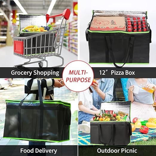 CIVJET 1-Pack Insulated Food Delivery Bag, XXX-Large Commercial Food Warmer for Delivery Drivers, Insulated Reusable Grocery Cooler/Hot Bags, Tote Bag for Shopping/Travel, Black with Green Edge