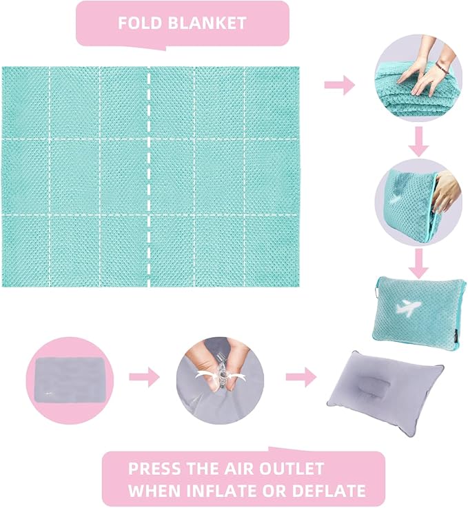 3 in 1 Travel Blanket Pillow Set - 350 GSM Thick Travel Blanket Airplane Compact with Bag, Soft Bag with a Pocket, Inflatable Travel Pillow for Camping & Car Trip(Mint Green)