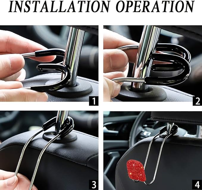 SAVORI Car Headrest Hooks Bling Car Accessories Rhinestones Universal Auto Back Seat Headrest Metal Hanger Organizer Vehicle Holder for Bag Purse Clothes Grocery 2PCS (Red)