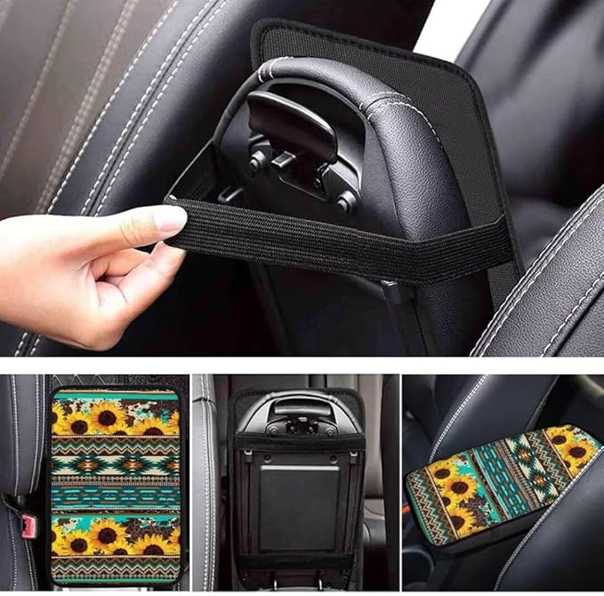 Coldinair Tribal Aztec Car Armrest Cover,Sunflower Auto Center Console Pad,Soft Seat Box Cover Protector Cushion,Car Accessories Decor for Most Cars,Sedan,Truck,SUV