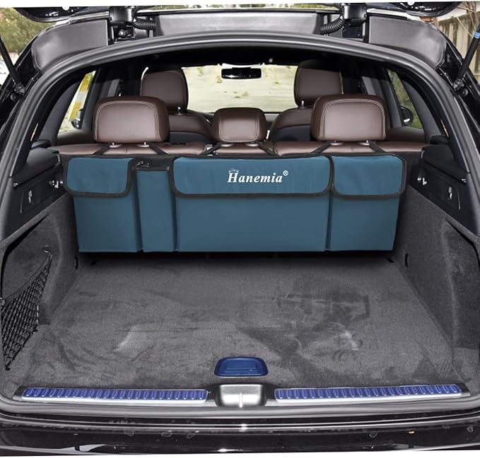 Car Trunk Organizer and Storage, Backseat Hanging Organizer for SUV, Truck, MPV, Waterproof, Collapsible Cargo Storage Bag with 4 Pockets, Car Accessories for Men and Women (Blue)