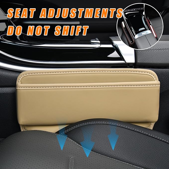 Ziciner Car Seat Gap Organizer, Premium Leather Auto Seat Storage Box, Vehicle Adjustable Front Seat Gap Filler, Car Seat Side Pocket Organizer for Phones, Glasses, Keys, Money, Cards (Beige)